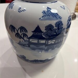 Vintage Blue and White Porcelain Ginger Jar Vase with Scenic Pagoda Design